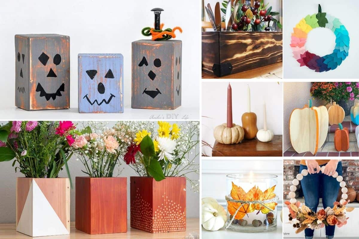 Image collage of eight DIY fall decor ideas
