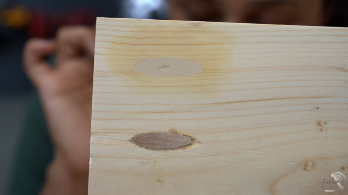 close up of the pocket hole filled with wood filler