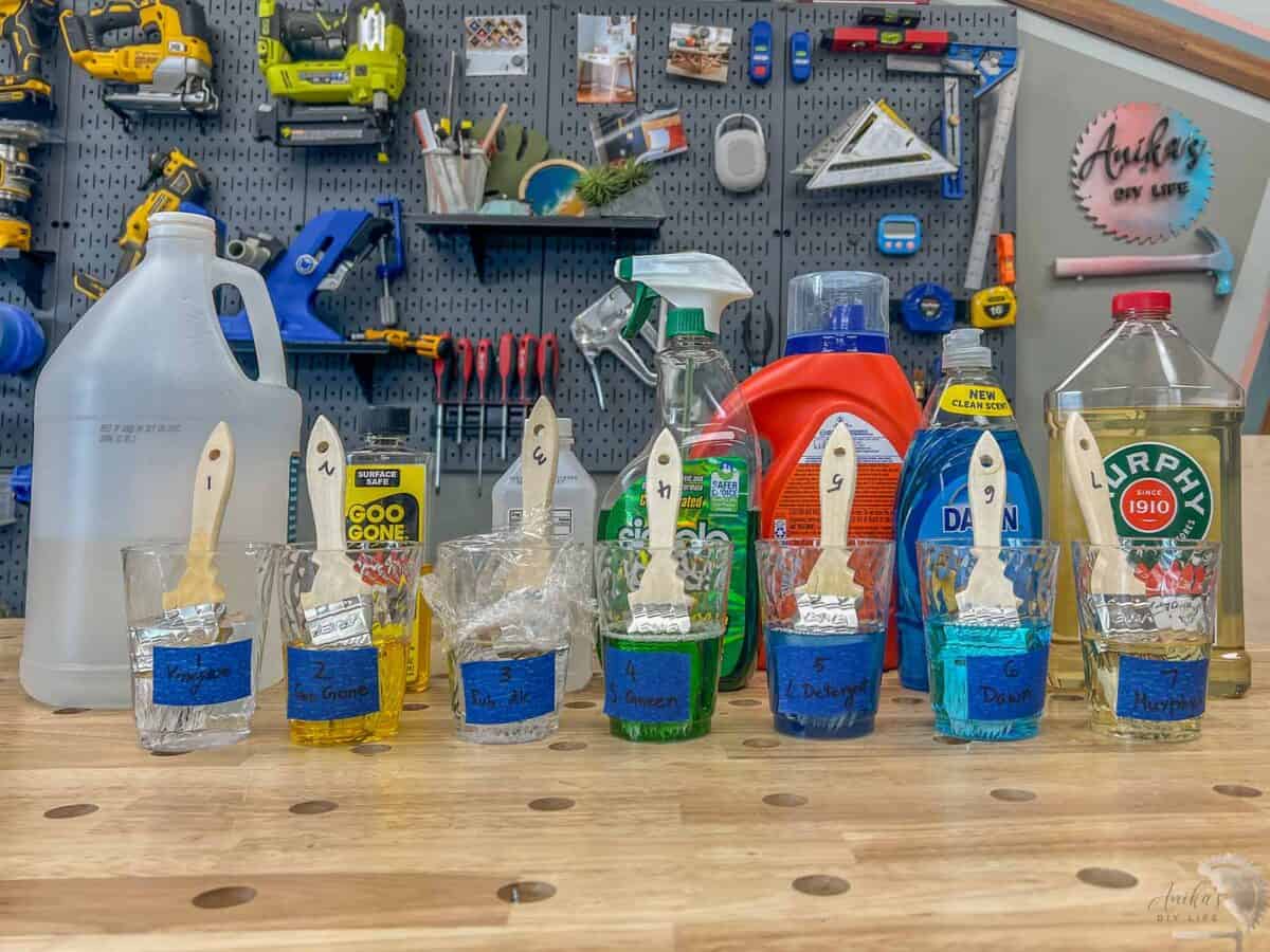 dried paint brushes in 7 liquids - Vinegar, goo gone, rubbing alcohol, simple green, dawn dish soap, laundry detergent, and murphys oil soap