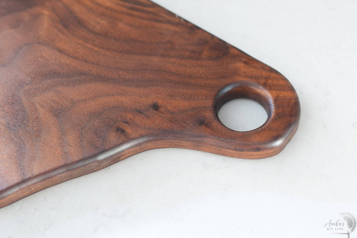 Close up of walnut cutting board.