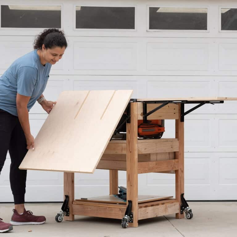 Learn how to build a compact DIY table saw stand with folding outfeed table and extension wing with a step-by-step tutorial, video, and plans.