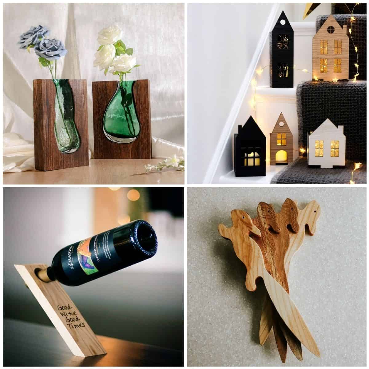 Image collage of four wooden hostess gift ideas