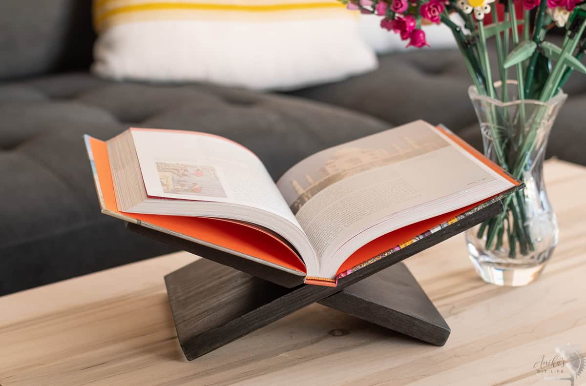 Black book stand on a plywood coffee table with book open showing taj mahal.