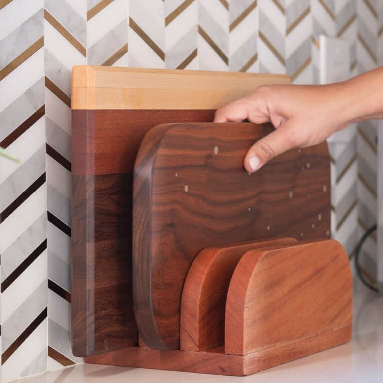 Learn how to make a countertop DIY cutting board stand with simple tools and easy steps by following the step-by-step tutorial and plans.