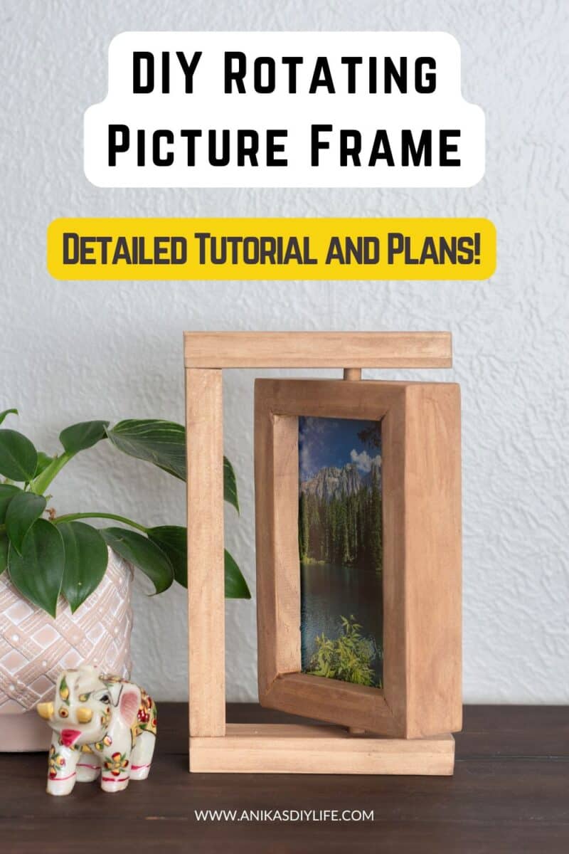 Wooden DIY Rotating Picture Frame on a desk with text overlay