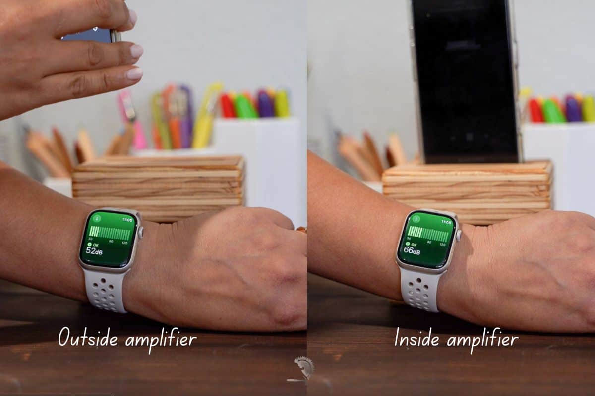 comparison of the phone loudness with and without the amplifier. The apple watch shows the decibel reading of 52 outside and 66 with the phone in the amplifier.