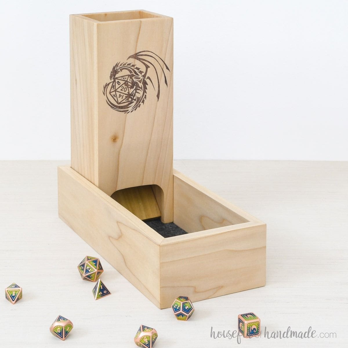 DIY dice tower with dice on countertop