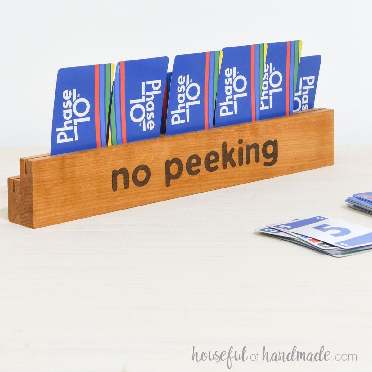 DIY wood playing card holder that says no peeking