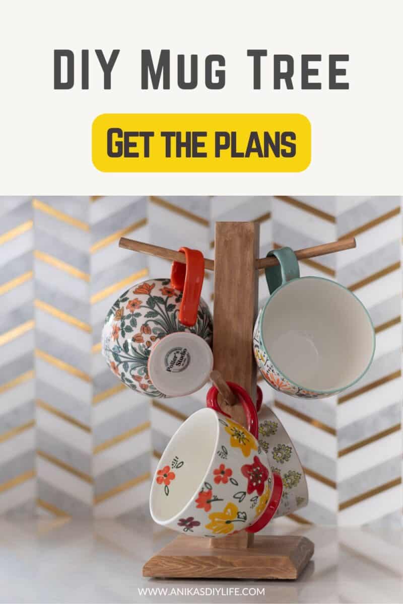 DIY wood mug tree with colorful mugs with text overlay - DIY Mug tree - get the plans