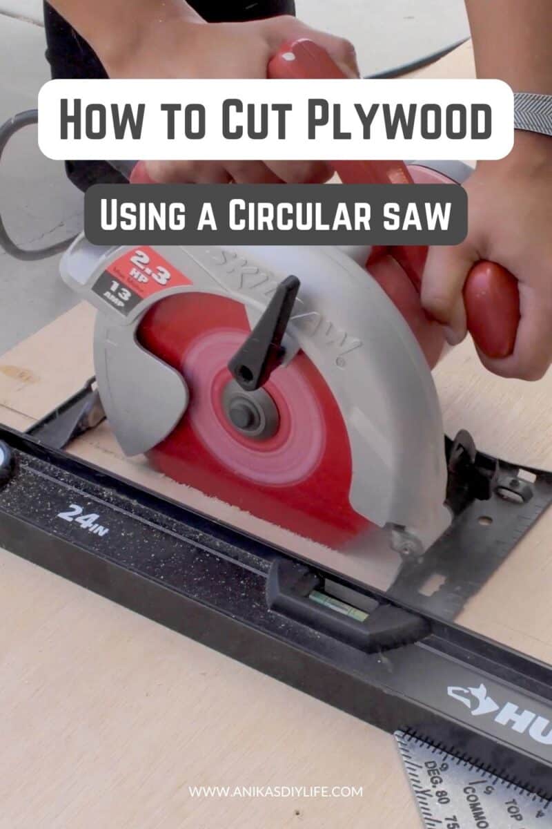Woman cutting plywood with a circular saw and text overlay