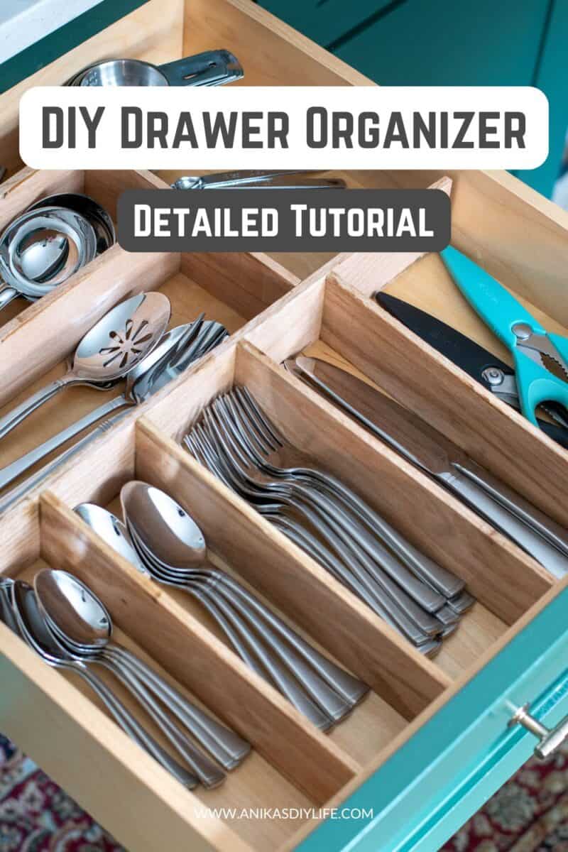 kitchen drawer with diy organizer and silverware. There is text overlay on top.