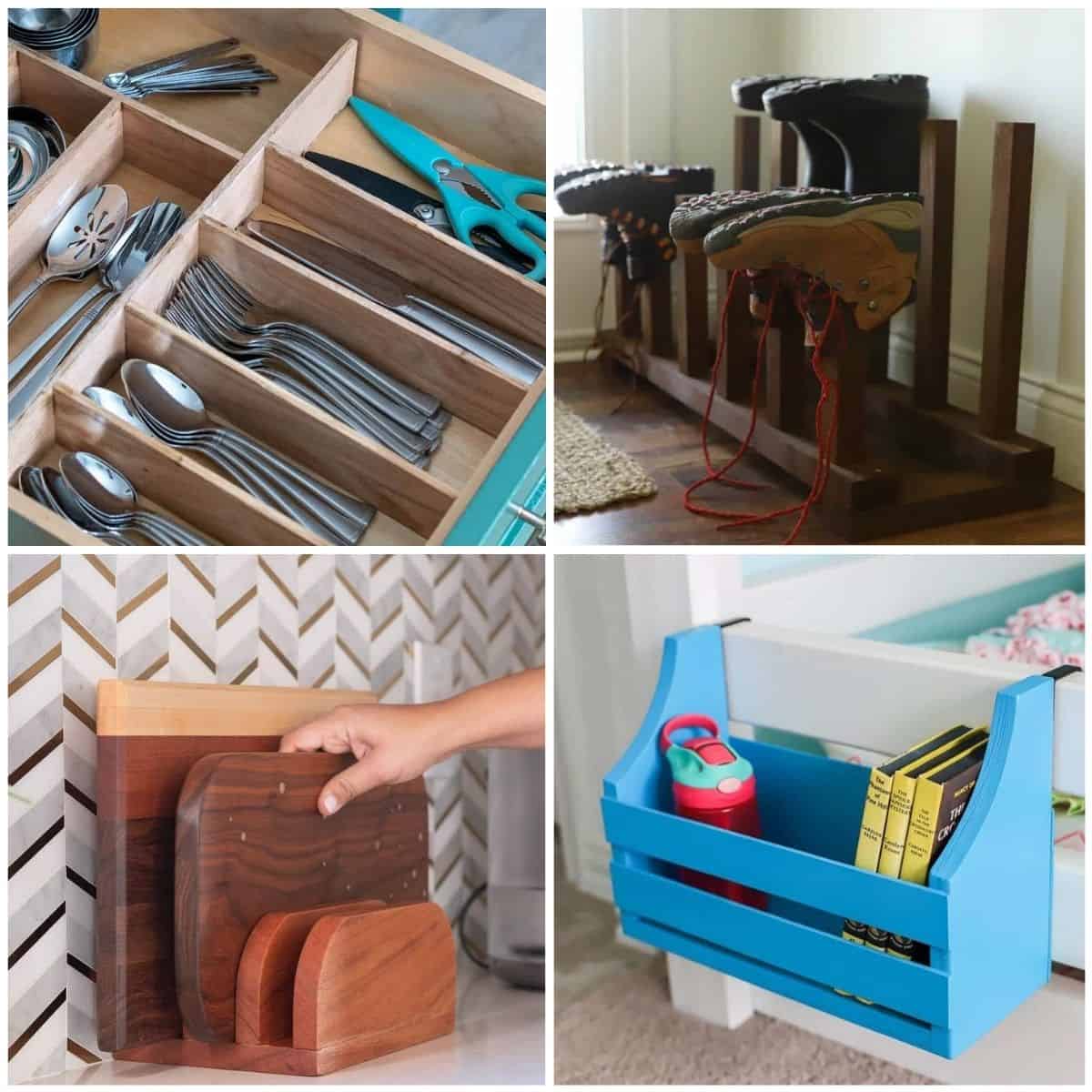 Image collage of four DIY organizers made from scrap wood for the home.