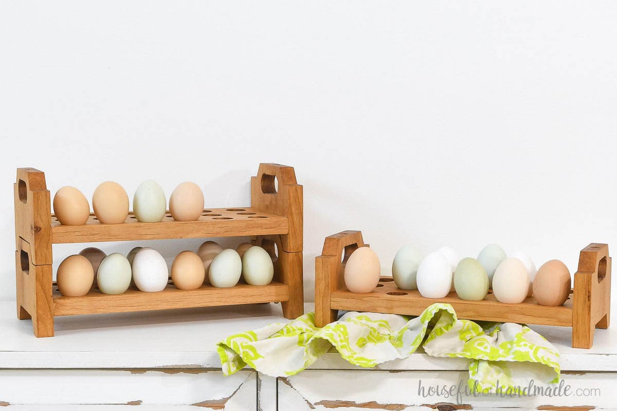 DIY egg organizer made from scrap wood with farm fresh eggs in different colors