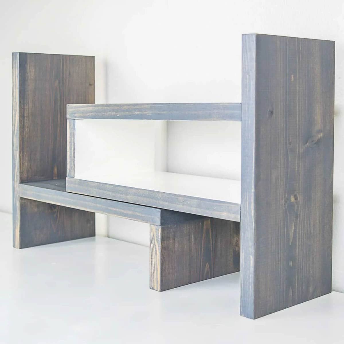 DIY adjustable shelf organizer for desktop made with scrap wood