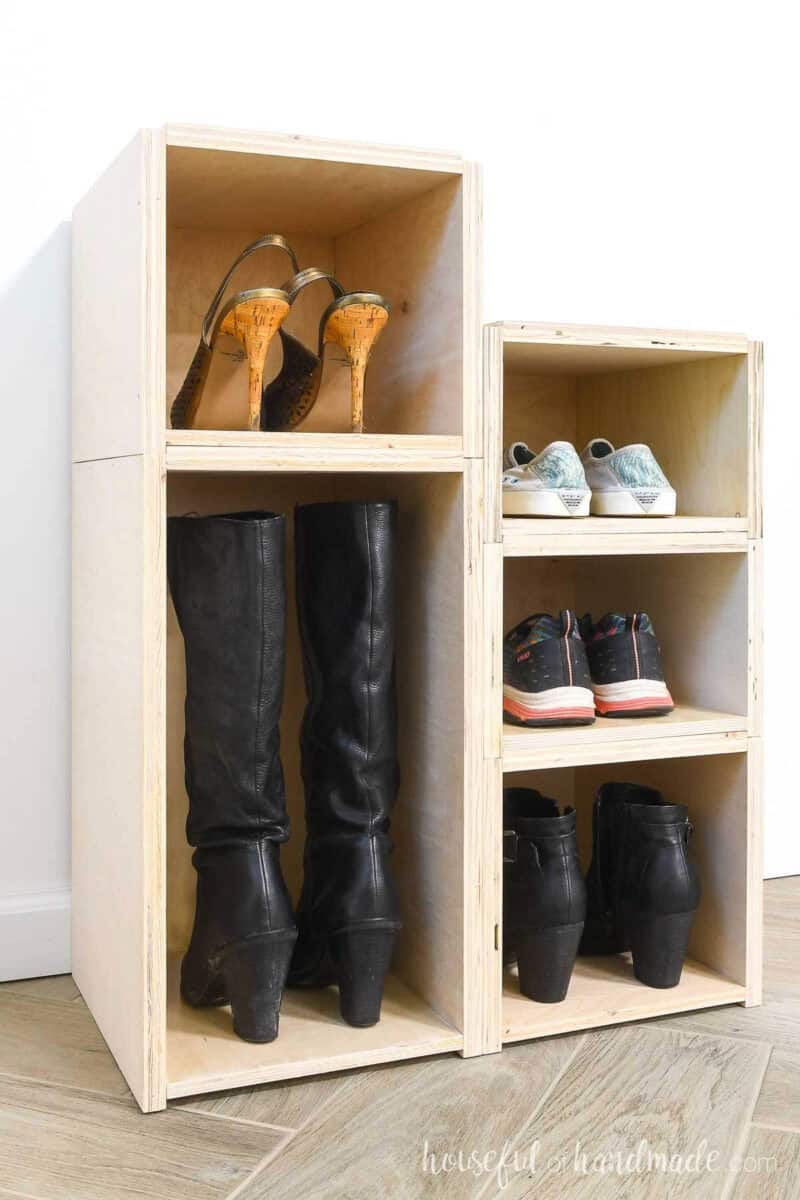 Stackable shoe storage boxes made from scrap plywood