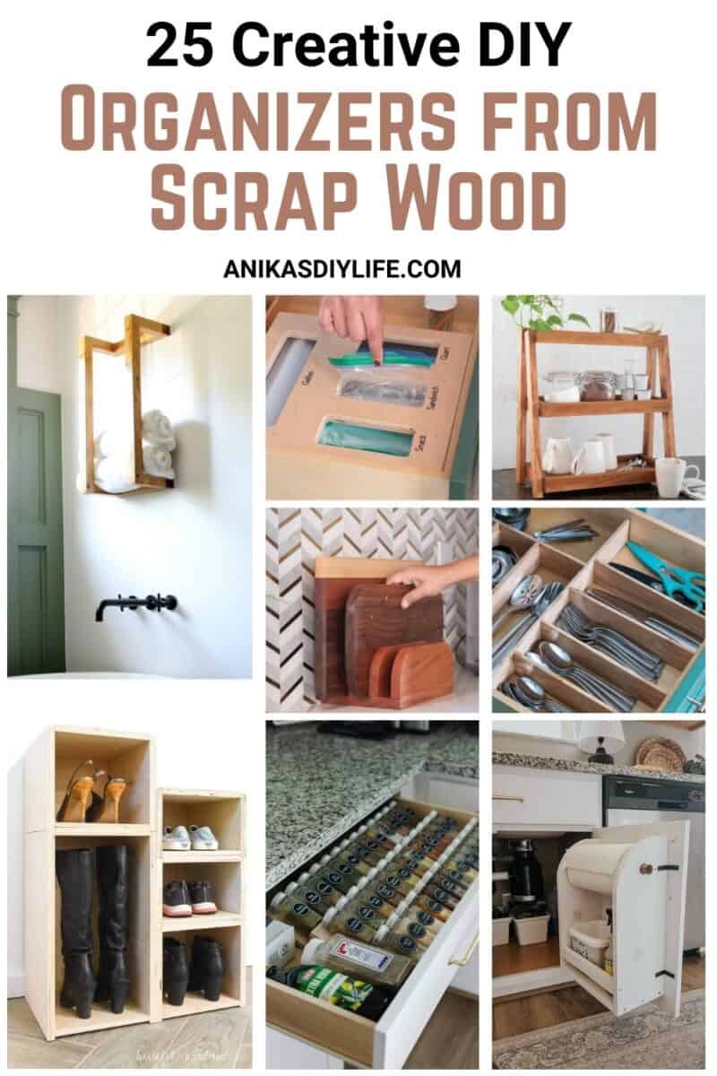 Image collage of eight DIY organizers from scrap wood with text overlay