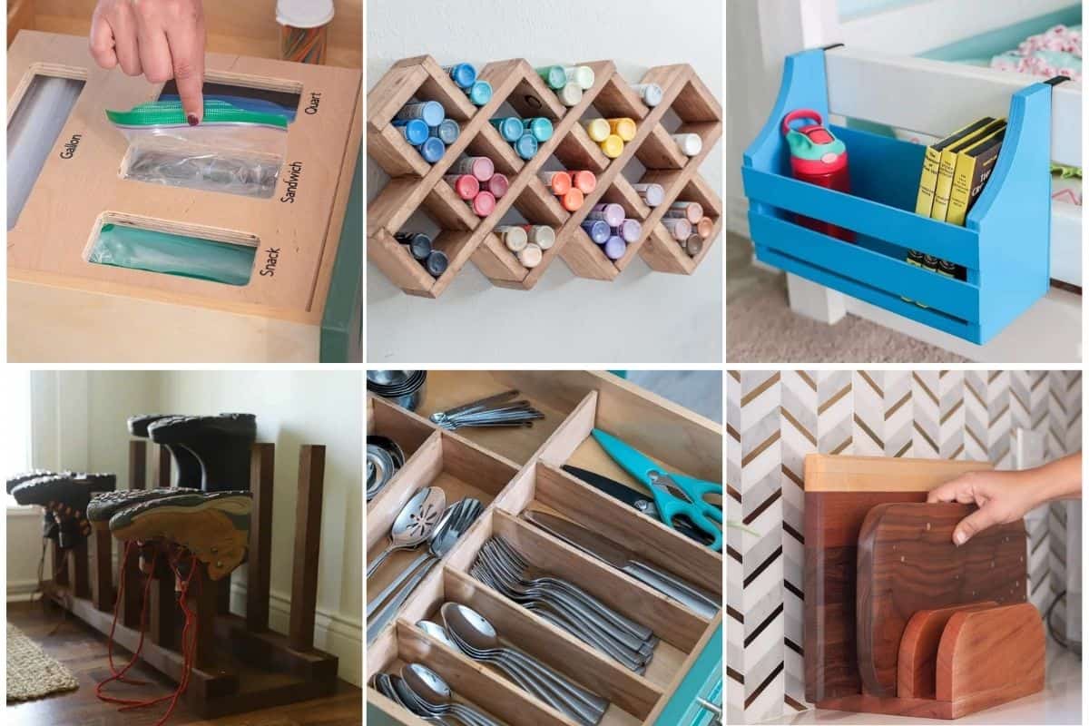 image collage of six diy organizers from scrap wood