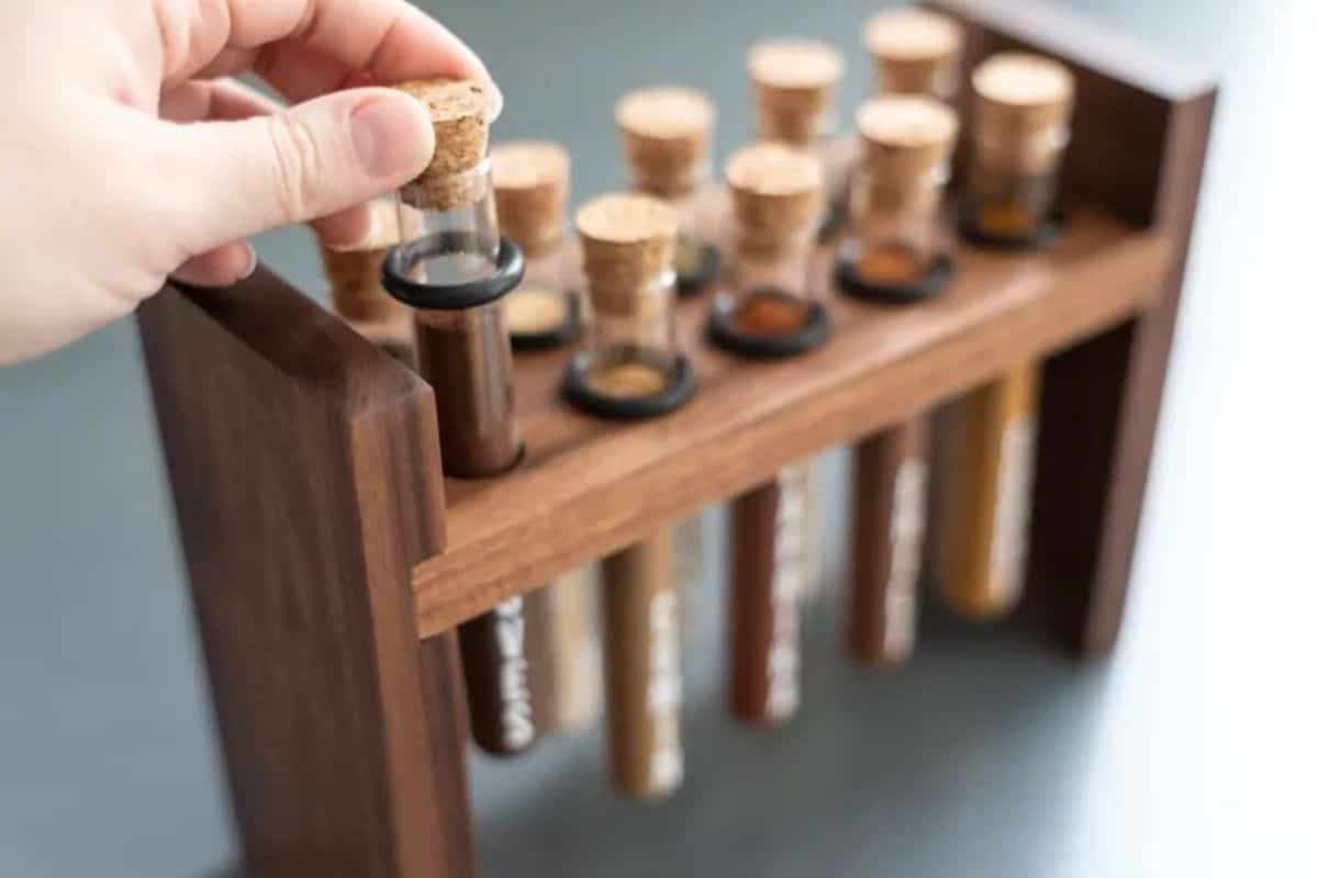 Spice organizer for test tubes made with scrap wood