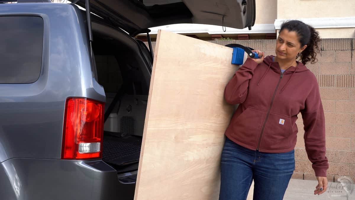 Anika carrying plywood from car using a panel carrier