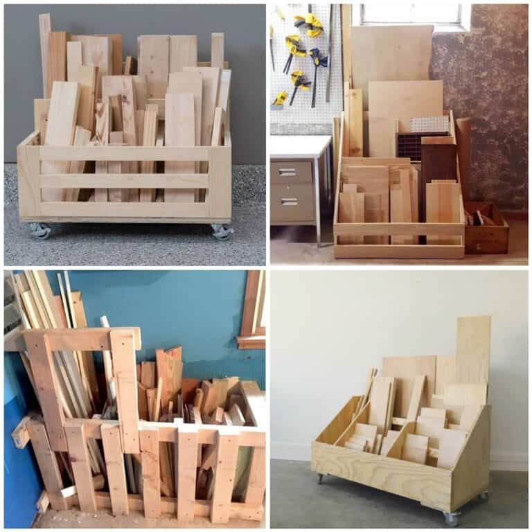 image collage of four DIY scrap wood storage ideas