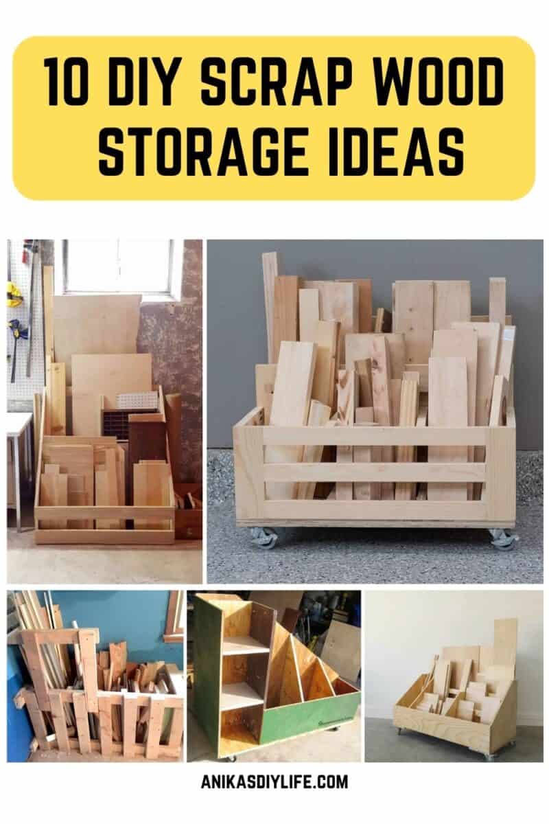 Image collage five diy scrap wood storage ideas with text overlay