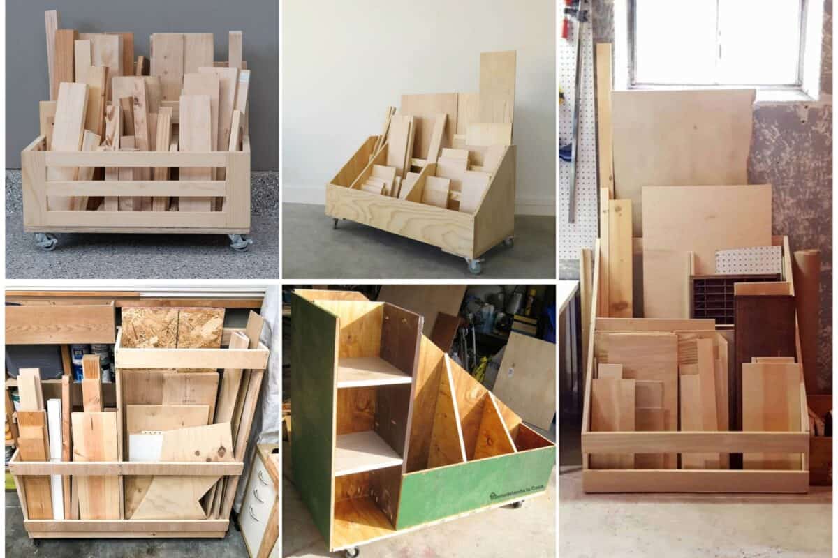 image collage of five DIY scrap wood storage ideas