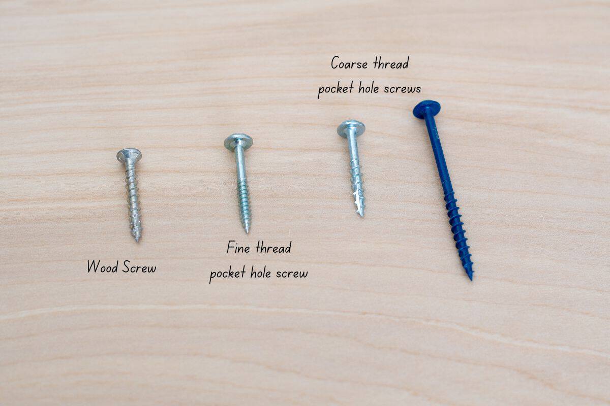 4 types of screws - 3 pocket hole screws and a regular wood screw.