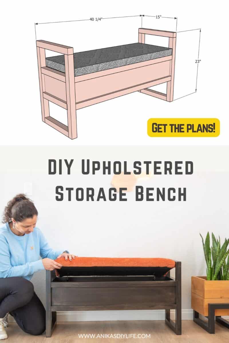 collage of diy upholstered storage bench and a schematic diagram with text overlay - get the plans.