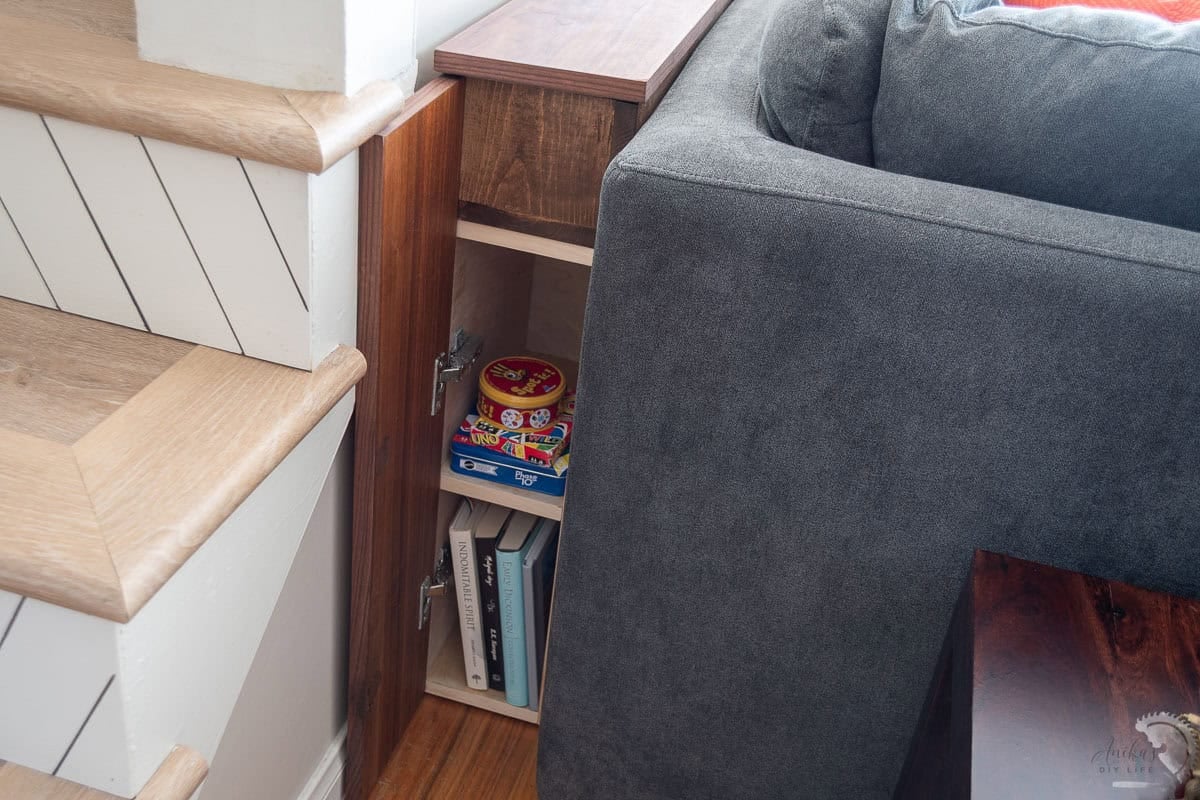 close up of the storage space in the DIY sofa table
