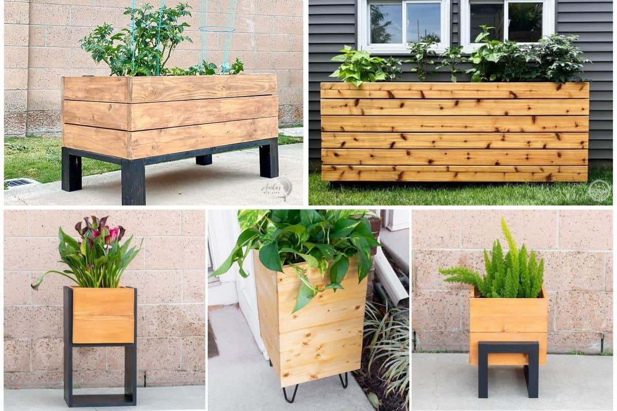 Image collage of five DIY modern planter box ideas
