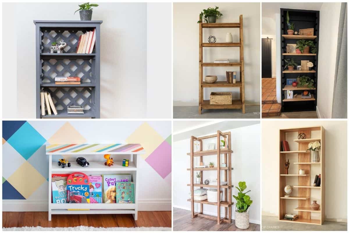 Image collage showing 6 DIY Bookshelf Ideas. 