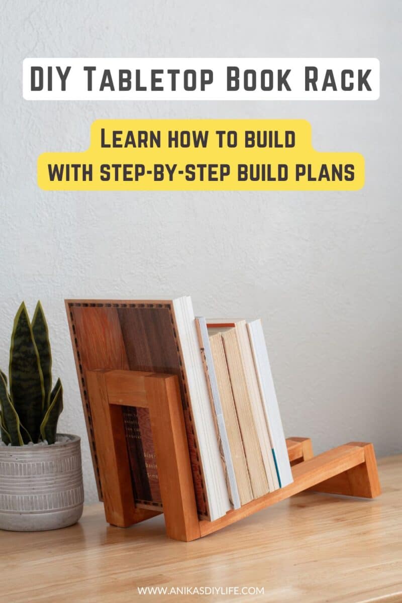 Image of DIY tabletop book rack with books next to plant with text overlay